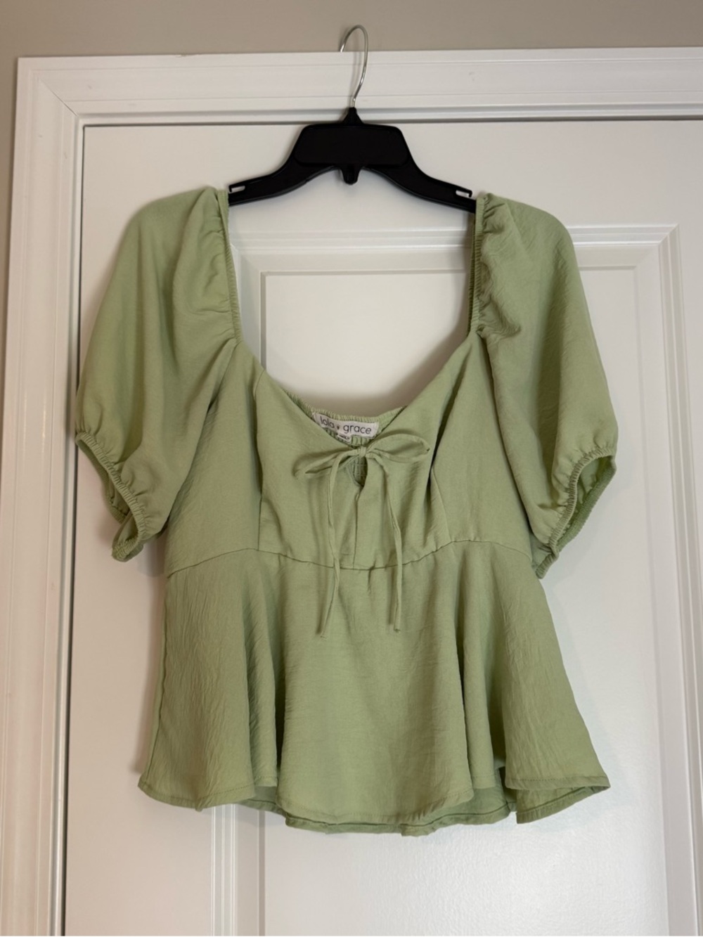 Light Sage Tie-Front Peplum Blouse‎